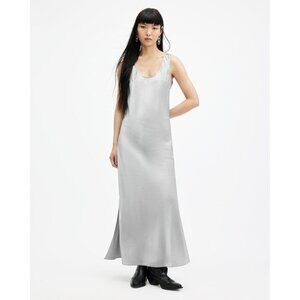 NWT ALLSAINTS Lisa Dark Silver Satin Scoop Neck Maxi Slip Dress, Size 8